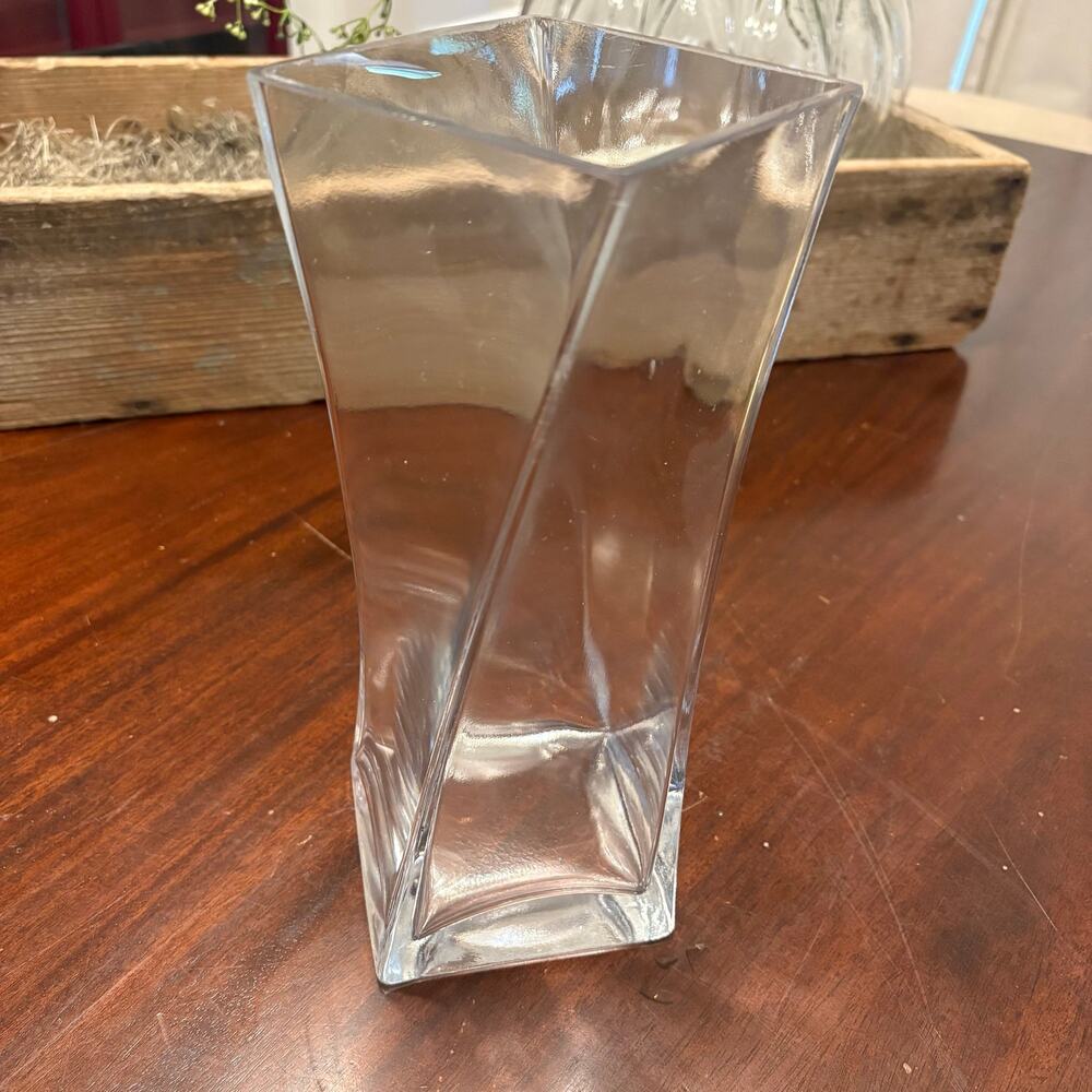Clear Glass Twisted Square Vase Geometric Floral Bouquet Centerpiece Heavy 10"